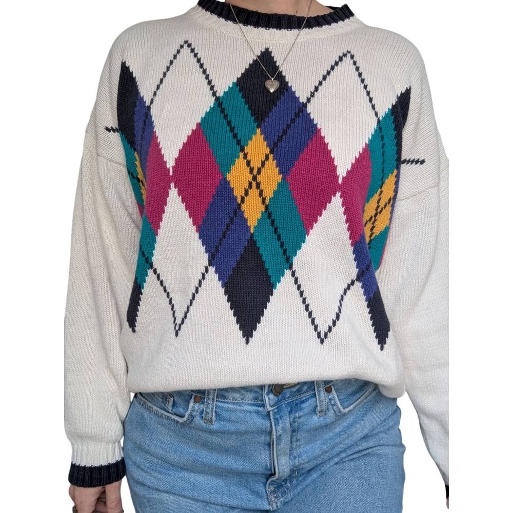 Vintage Argyle Knit Sweater – Cream Multicolor Diamond Print – Size M
